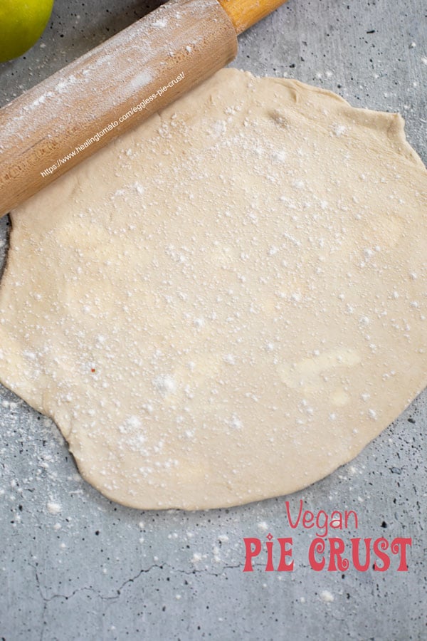 Top and closeup view of vegan pie crust with a rolling pin on the top left side