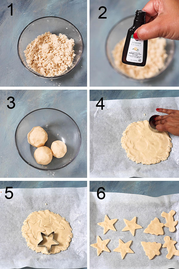 Collage of the steps required to make cookie dough balls and cut cookie shapes