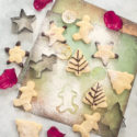 Top view of vegan shortbread cookies shapped like stars, gingerbread man and Christmas tree