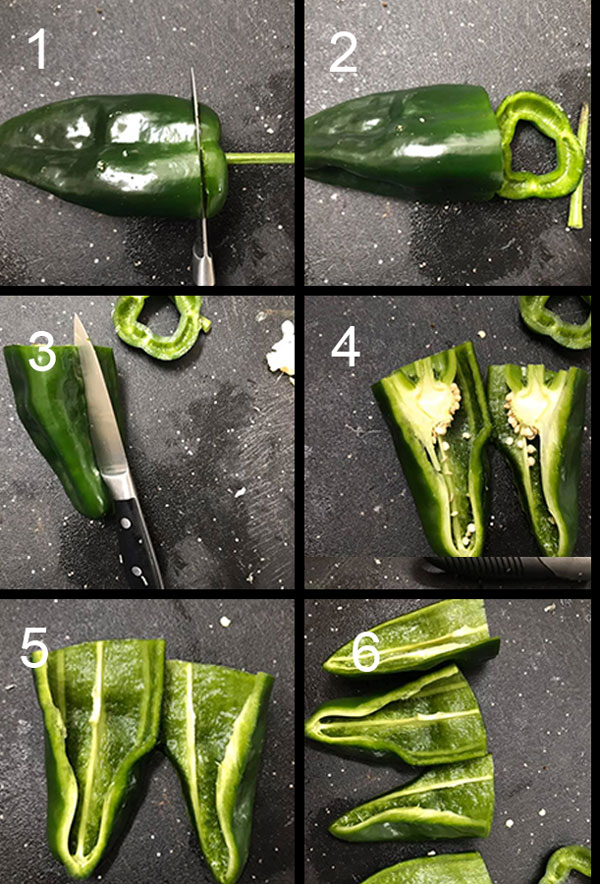 Collage of the steps involved in cutting poblanos