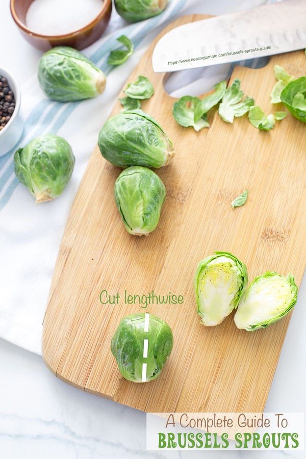 A dotted line along the length of a sprout showing how to cut it. Cut sprouts around it.