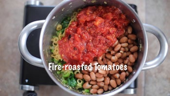 fire roasted tomatoes added to pan