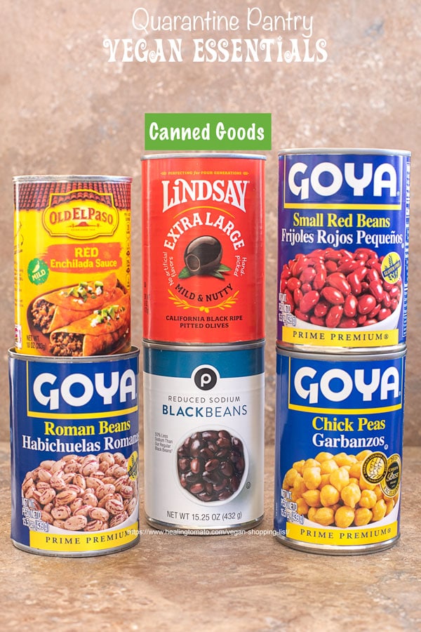 Front view of canned goods including legumes, sauces and olives - for vegan shopping list