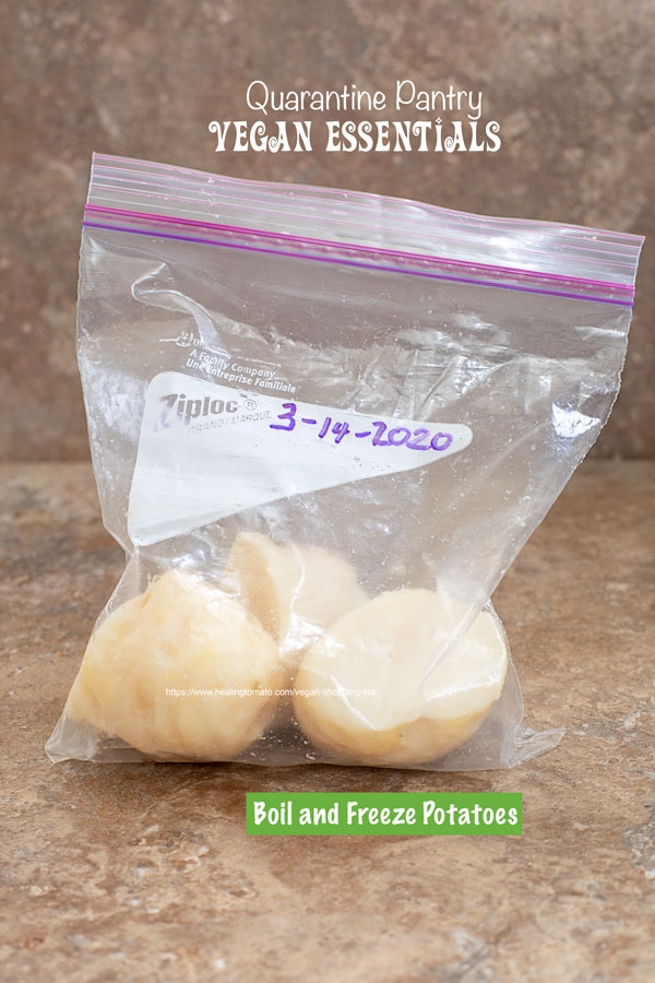 Front view of boiled potatoes in a zip-lock bag with their boiling date written on it