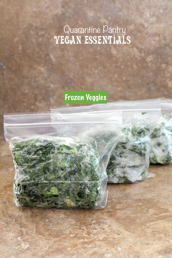 Front view of green veggies in zip-lock bags