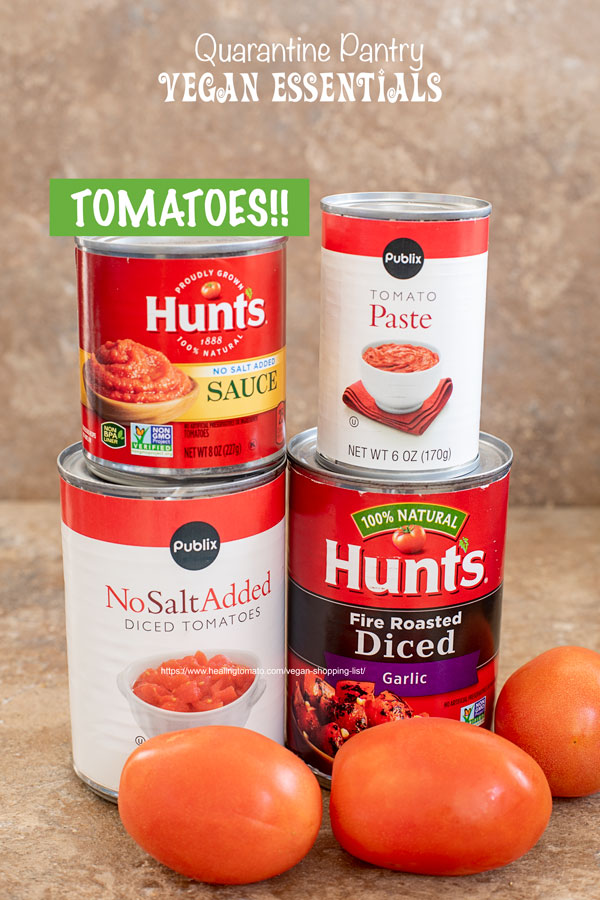 Front view of canned tomatoes and fresh tomatoes for vegan shopping list