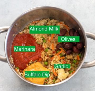 Top view of all the sauce ingredients in a stainless steel sauce pan. The name of the ingredient is written in green and white text