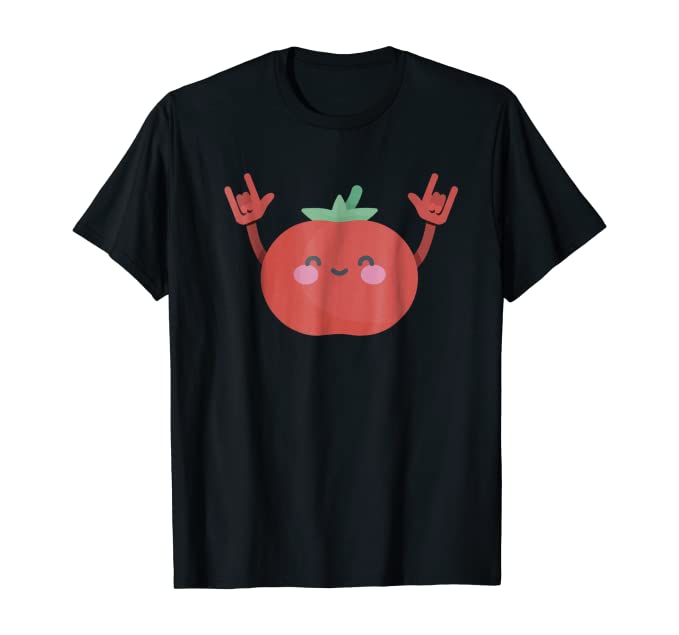 a black t-shirt with a tomato with two hands. The hands are raised in a rock-and-roll gesture