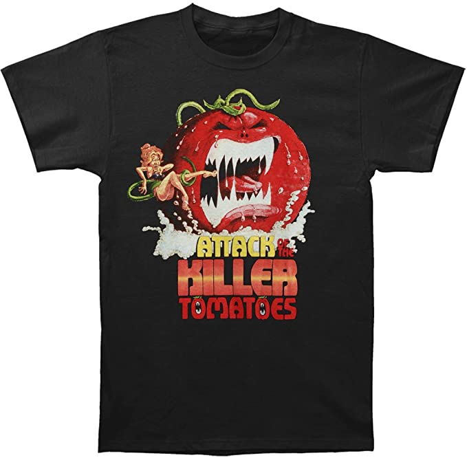 black t-shirt with the movie poster for attack of the killer tomato