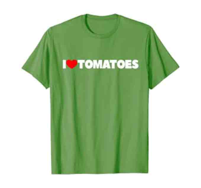 green t-shirt with "I" followed by a red heart and the word "Tomatoes" 