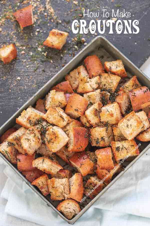 Top view of croutons in a grey tray