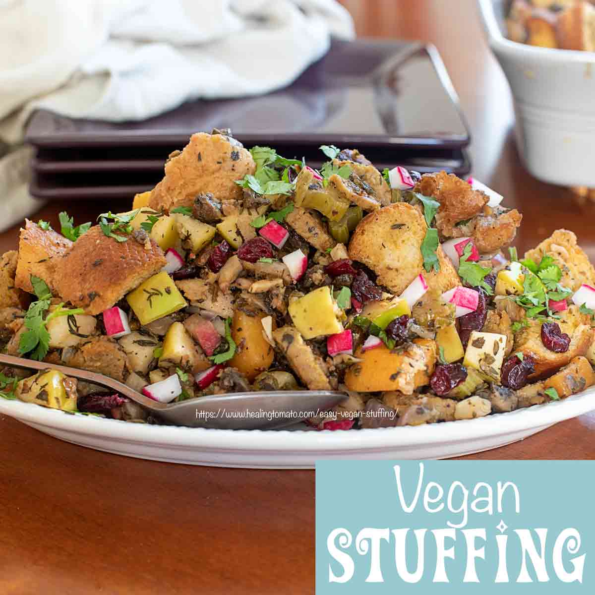 landscape and closeup view of the stuffing on a white serving dish