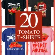 collage of 4 t-shirts with various tomato inspired design. Words in the middle say "20 Tomato T-Shirts"