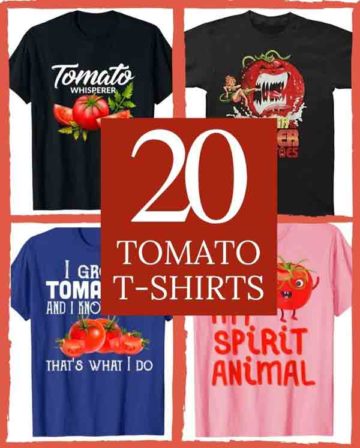 collage of 4 t-shirts with various tomato inspired design. Words in the middle say "20 Tomato T-Shirts"