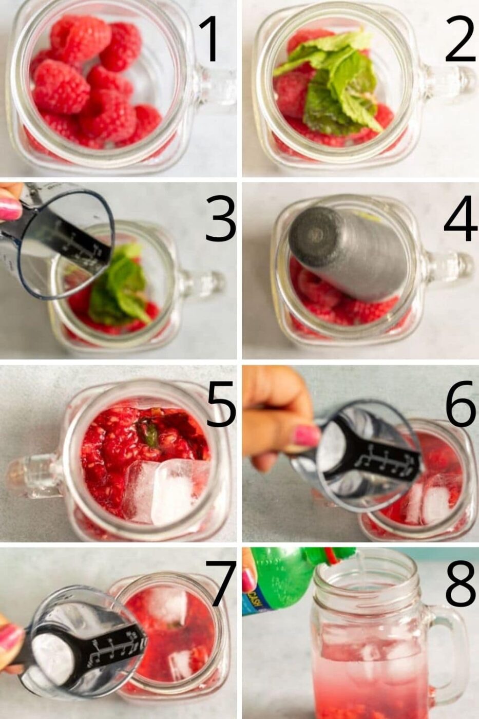 collage of 8 steps needed to make raspberry mojitos