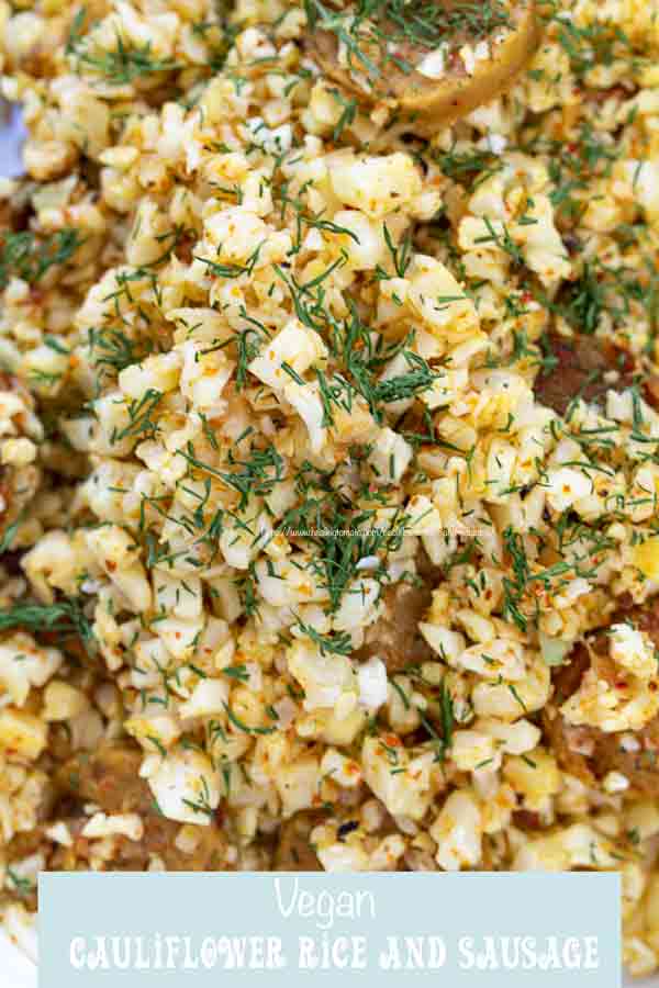 Closeup view of the rice and vegan sausage