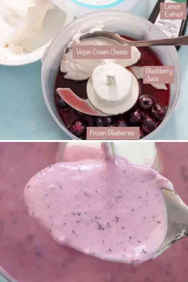 Collage of 2 images. The top image shows the ingredients in a food processer and the second image shows a spoon over the processor with the finished sauce