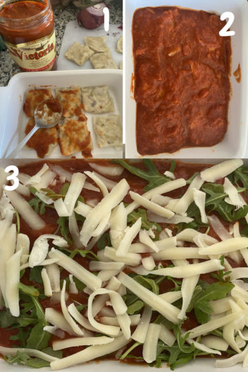 Collage of 3 images that show the 3 steps to make the final process of baking the ravioli. Start with a layer of ravioli, top with sauces, then another layer of ravioli, sauce, cheese and arugula