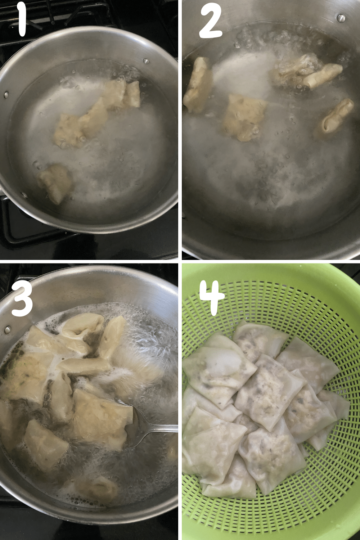Collage of 4 images. First image is the wontons added to hot water, 2nd image is the wontons rising to the top, 3 image is the raviolis being removed using strainer and last image is the ravioli in a colander