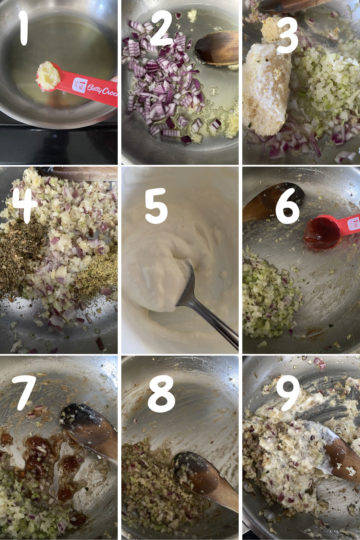 Collage of 9 images that show how to make the ravioli filling. From adding the ingredients, cooking them, deglazing with fruit spread and how to make the vegan cream cheese