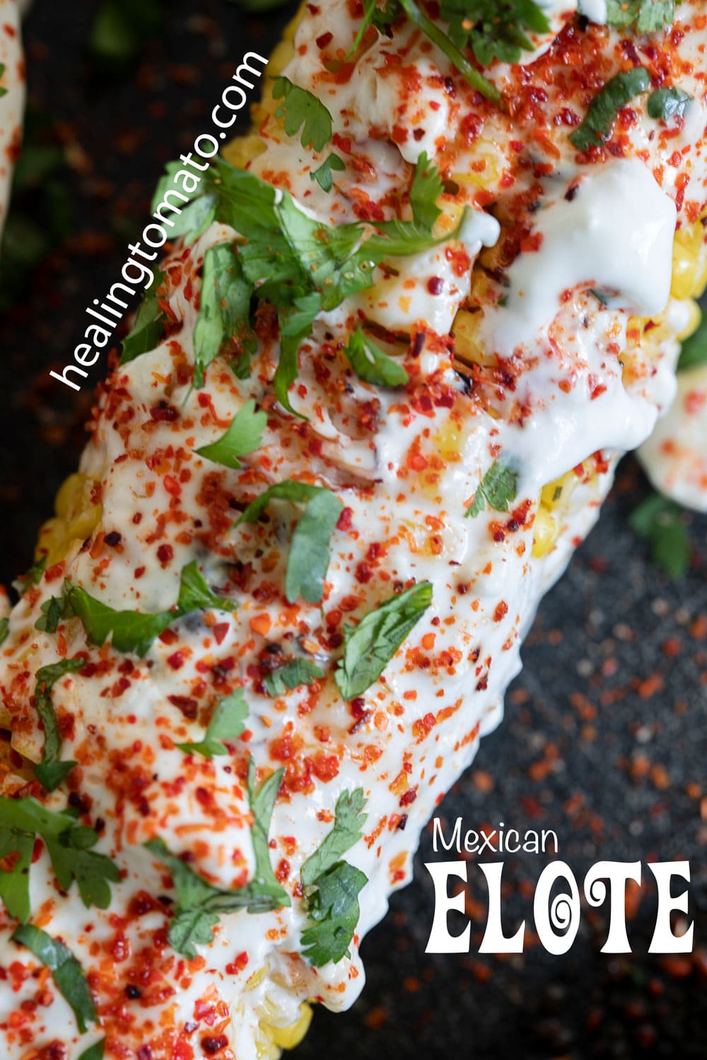a very closeup view of one corn on the cob with a white sauce, tajin spice and garnished with cilantro