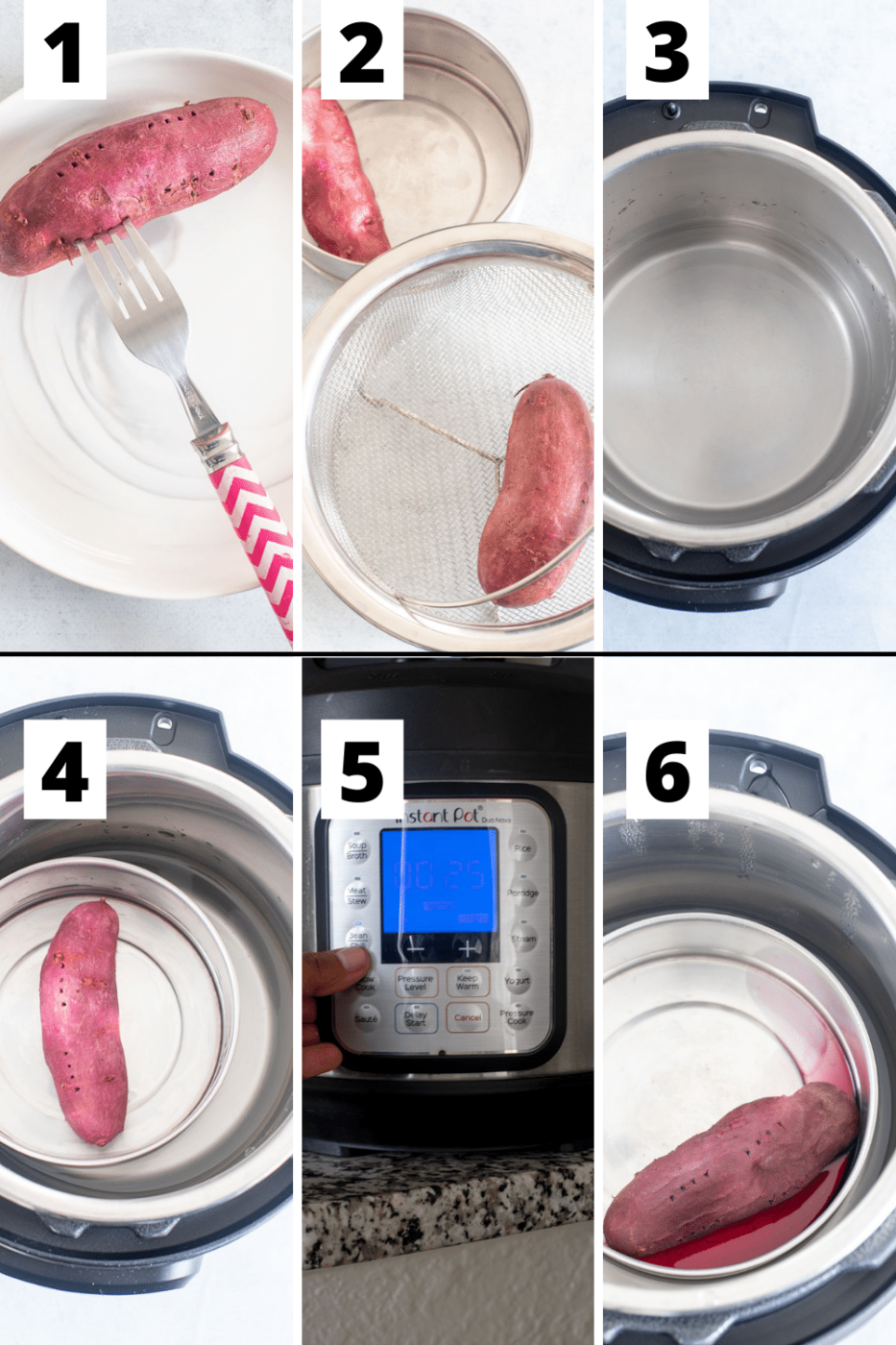 collage of 6 steps needed to cook the purple sweet potato in the Instant Pot