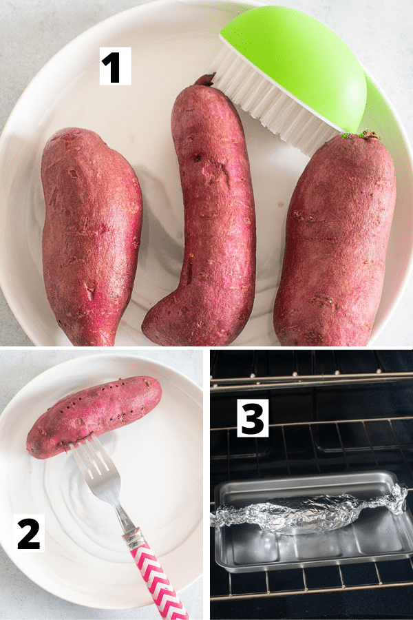 collage of 3 images to show how to bake the purple sweet potato in the oven.