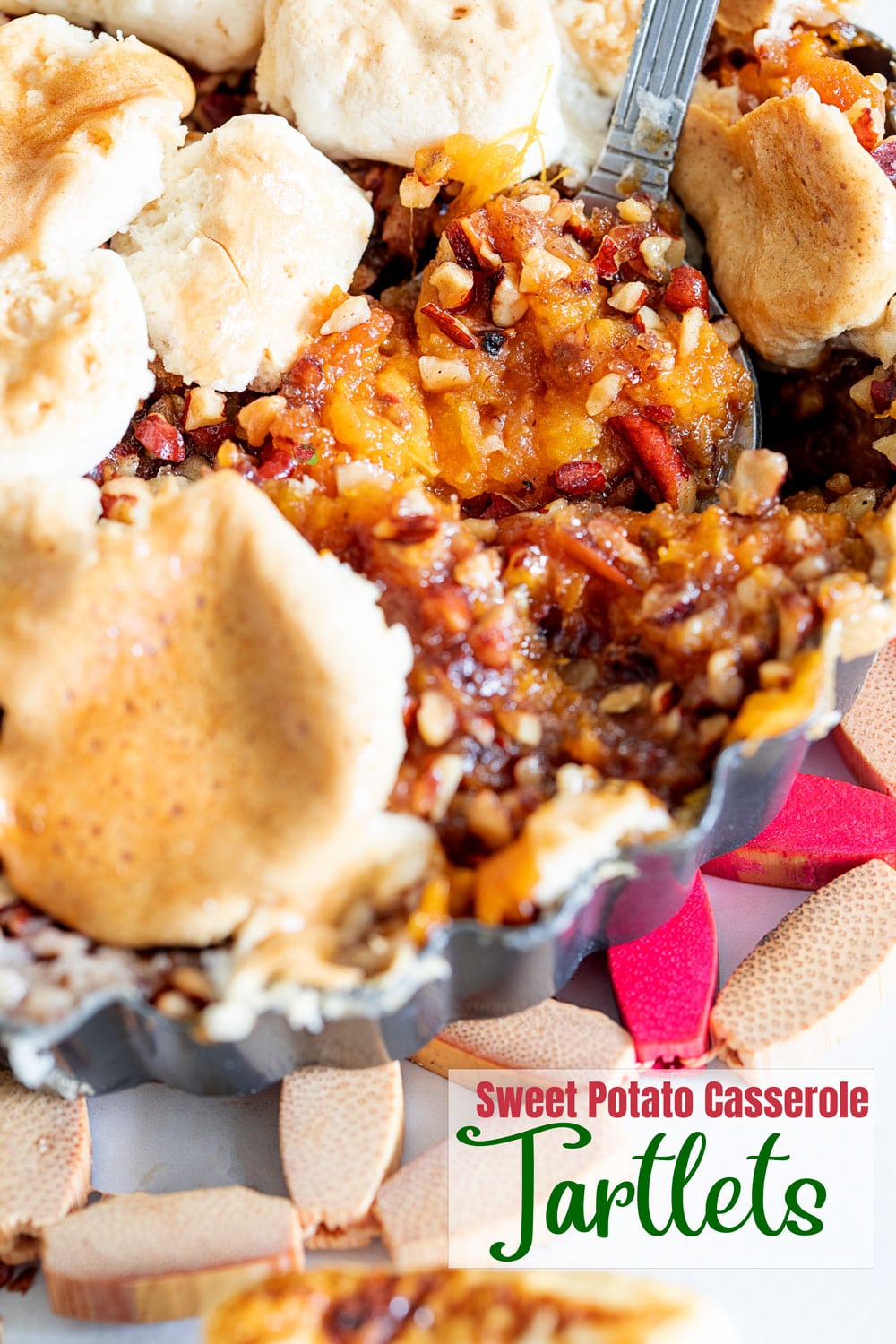 Closeup view of the inside of vegan sweet potato casserole tart