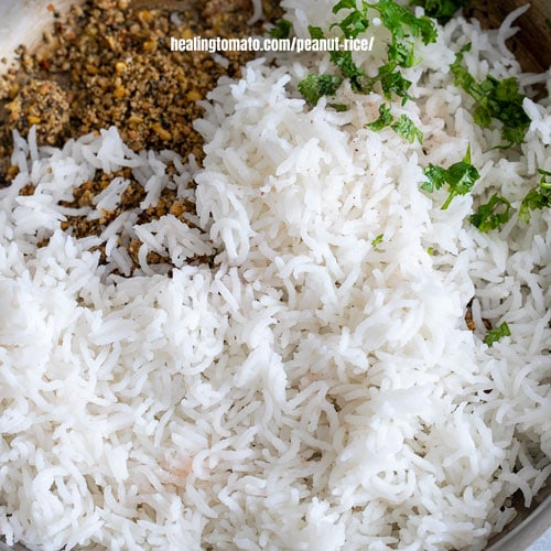 top view of a pan with basmati rice, cilantro and peanut powder
