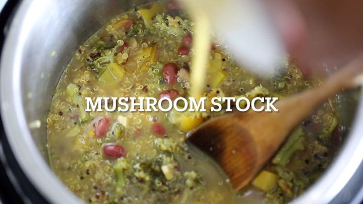 mushroom stock being added to the instant pot