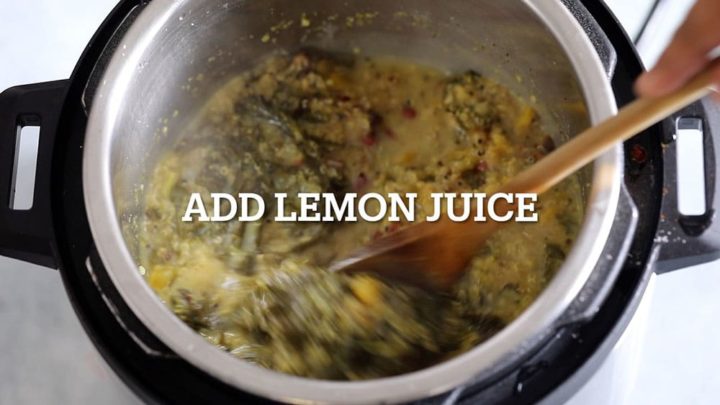 The author adding lemon juice to the instant pot and stirring