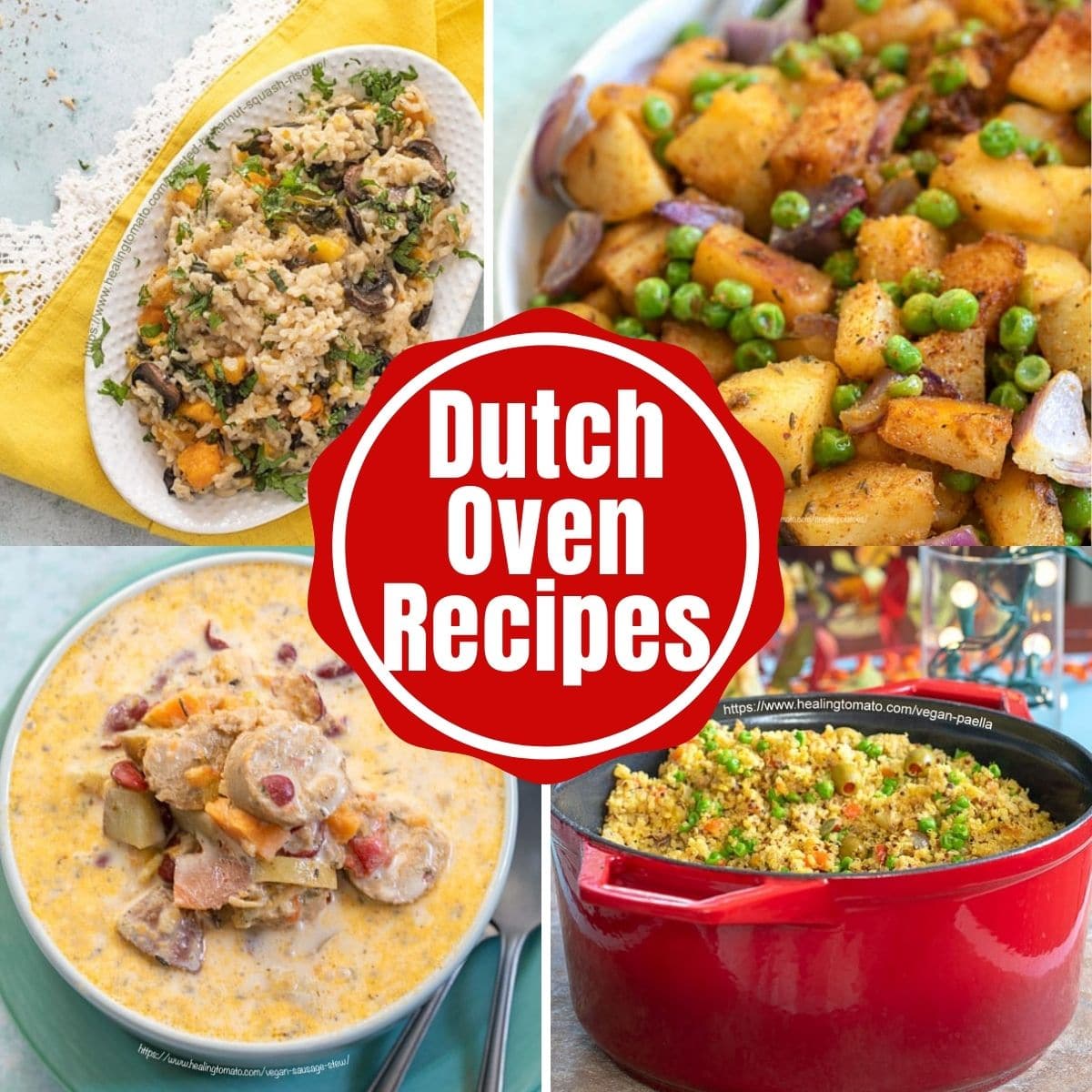 collage of 4 vegan dutch oven recipes