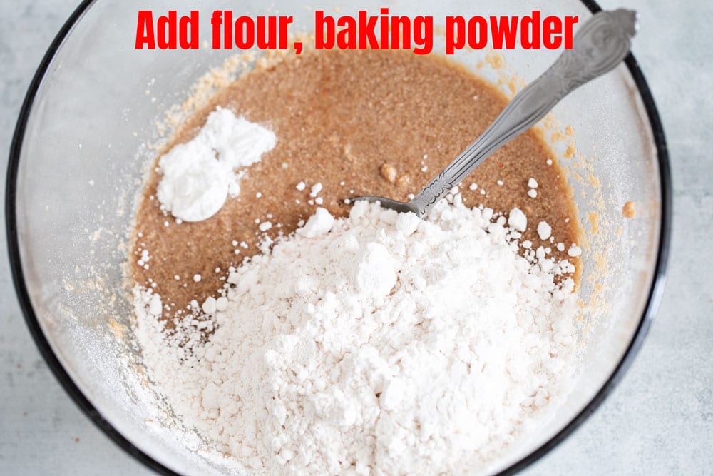 Flour and baking soda added to the cookie dough