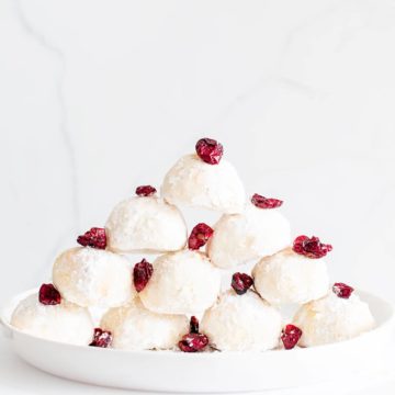 Closeup view of a snowball cookies in the shape of a pyramid