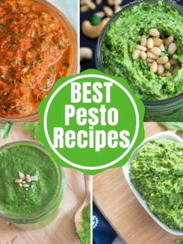 A collage of 4 images in a square with the words "BEST Pesto Recipes" written in the middle
