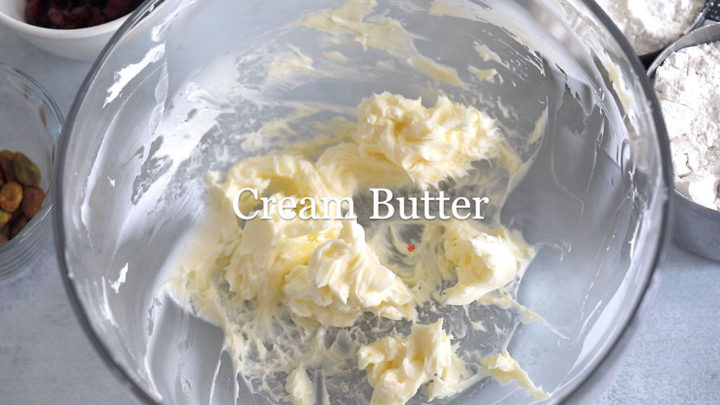 top view of the creamed butter in a glass bowl