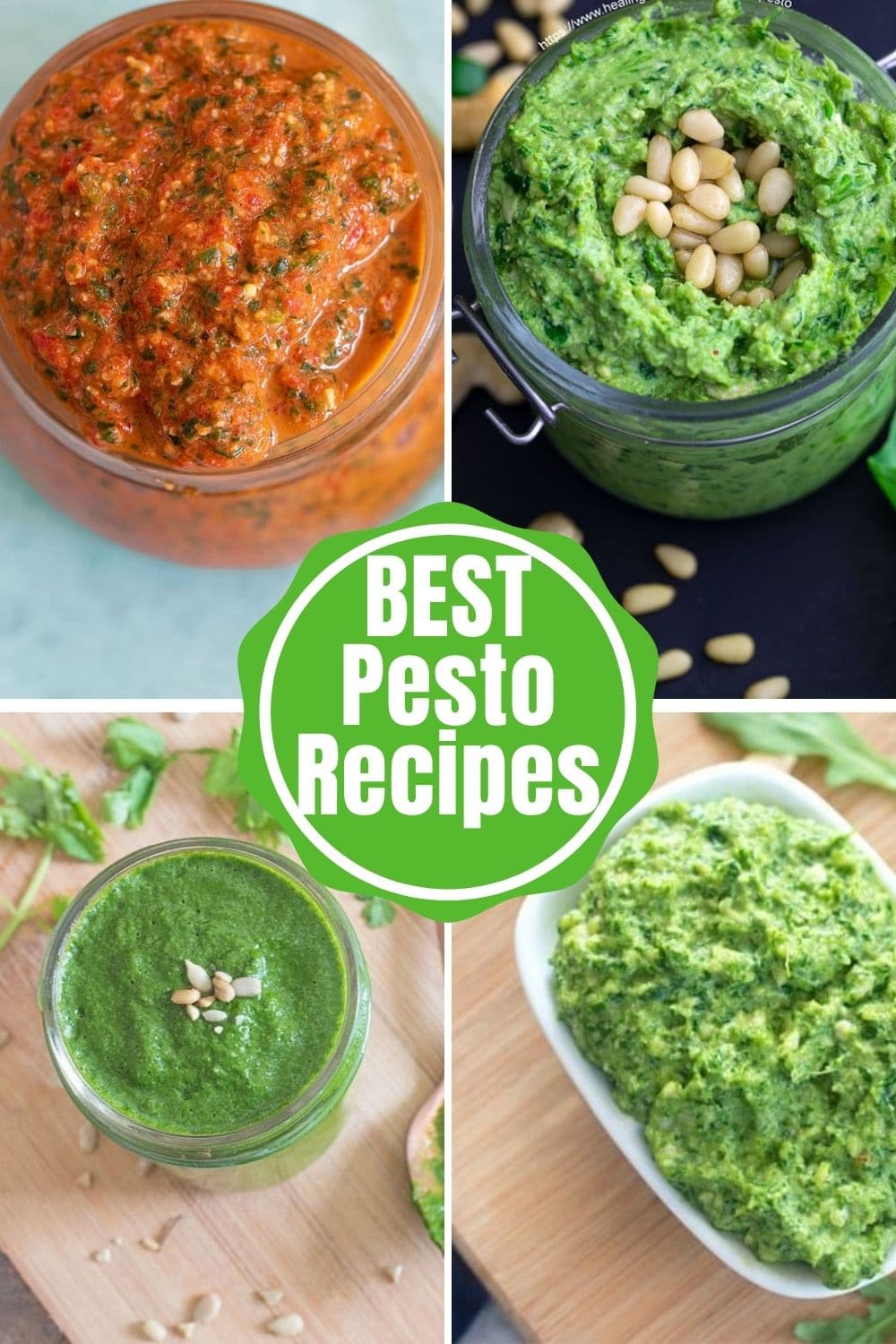 A collage of 4 images in a square with the words "BEST Pesto Recipes" written in the middle
