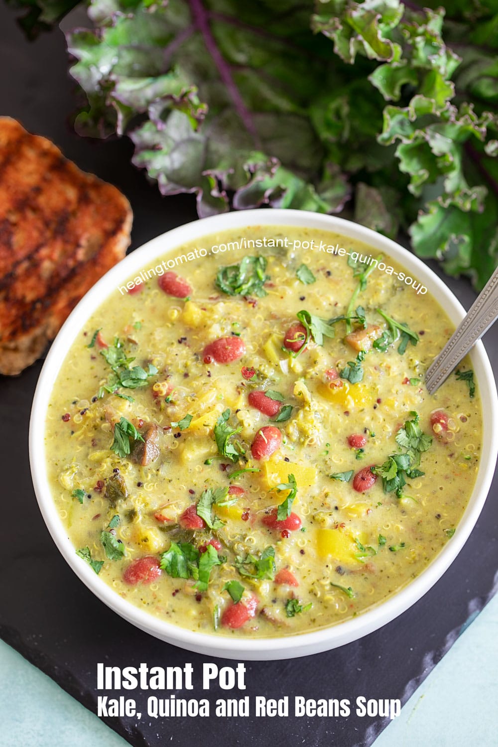 Top and closeup view of the instant pot kale quinoa soup in a white bowl with a spoon in it.