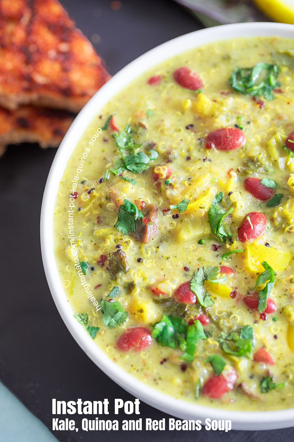 Top and closeup view of half a bowl of instant pot kale and quinoa soup