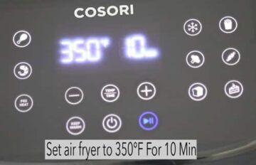 A view of the front panel of cosori air fryer showing 350°F and 10 Minute cook time