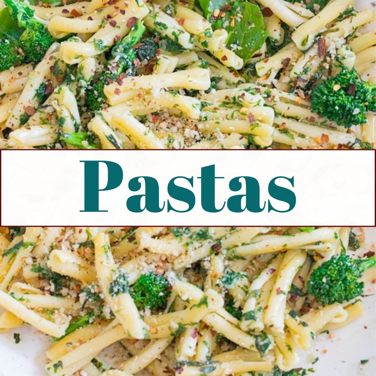 a pasta bowl in the background and the title "pastas" written on it.