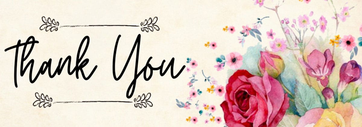 A flower bouquet photo is embossed on the right side of the rectangle image. On the left, there are words "Thank You" written.  Subscribe today.