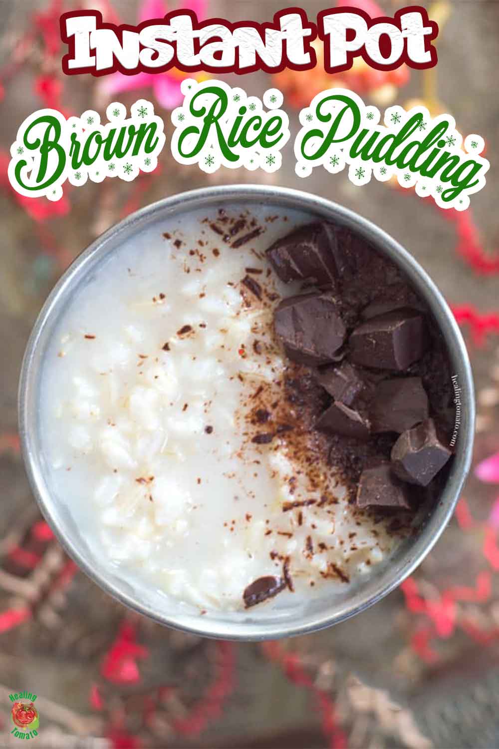 Top view and closeup of a silver cup filled with brown rice and garnished with chocolate cubes