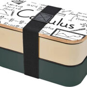 2 layers of stackable bento boxes.  The top box has multiple calculus equations printed on it.  