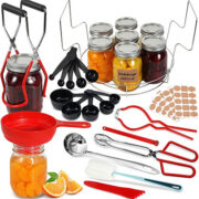 All the essentials needed for canning, like jar lifters, tongs, canning rack and utensils.