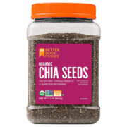 Front view of plastic container filled with chia seeds.  