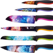 6 different knives set with different colors in the the theme of Cosmos tv show - foodie geek gift guide