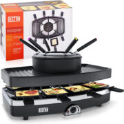 An electric fondue pot on a cast iron grill with compartments for melting cheese and chocolate