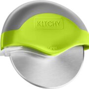 Front view of a round pizza cutter with a light neon green handle