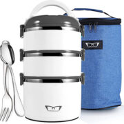 3 Stackable round bento box with insulating bag, spoon and fork.